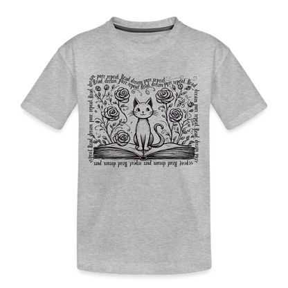 Youth Organic Cotton Tee - "Read, Dream, Purr, Repeat" Cat & Book Lover Shirt - heather gray