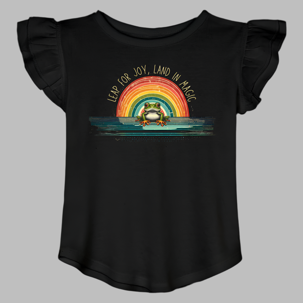 Toddler Girls Flutter T-shirt - Retro Rainbow Frog Magic - black