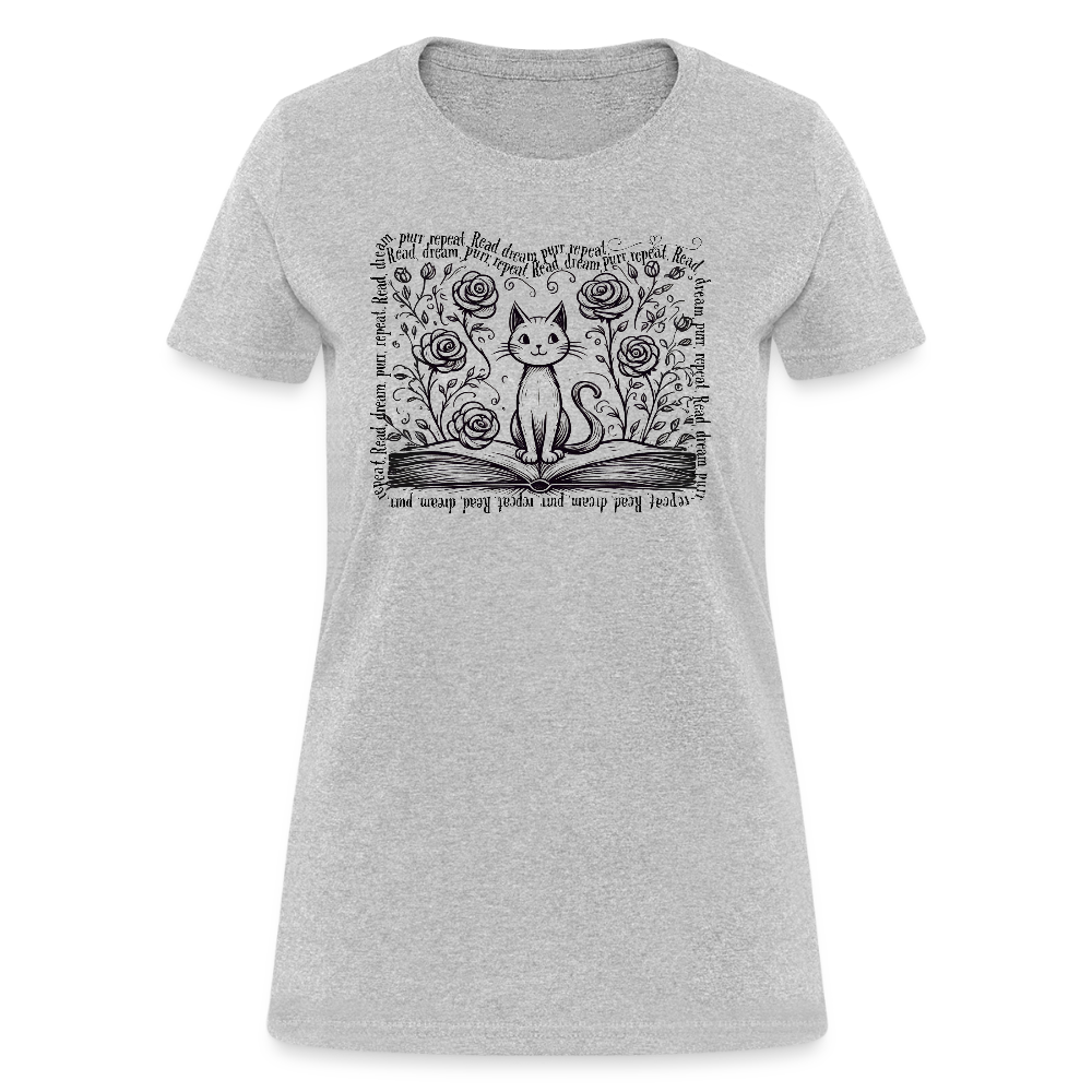 Women's Flowy Contoured T-Shirt - "Read, Dream, Purr, Repeat"  Cat Lover Shirt, Bookish Tee, Cozy Gift for Readers - heather gray