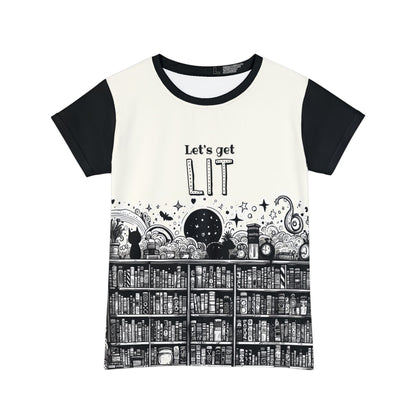 All-Over-Print Women's T-Shirt - "Let's Get Lit" Whimsical Black & White Bookshelves