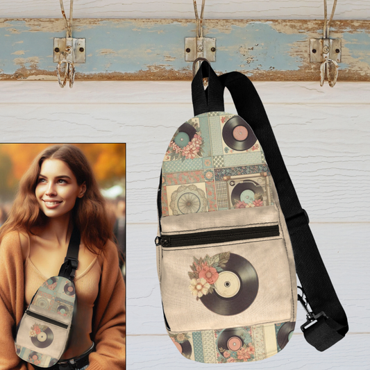 Crossbody Sling Bag with Vintage Roses & Records - Hands-Free, Secure, and Stylish - Retro Fun for Everyday Adventures