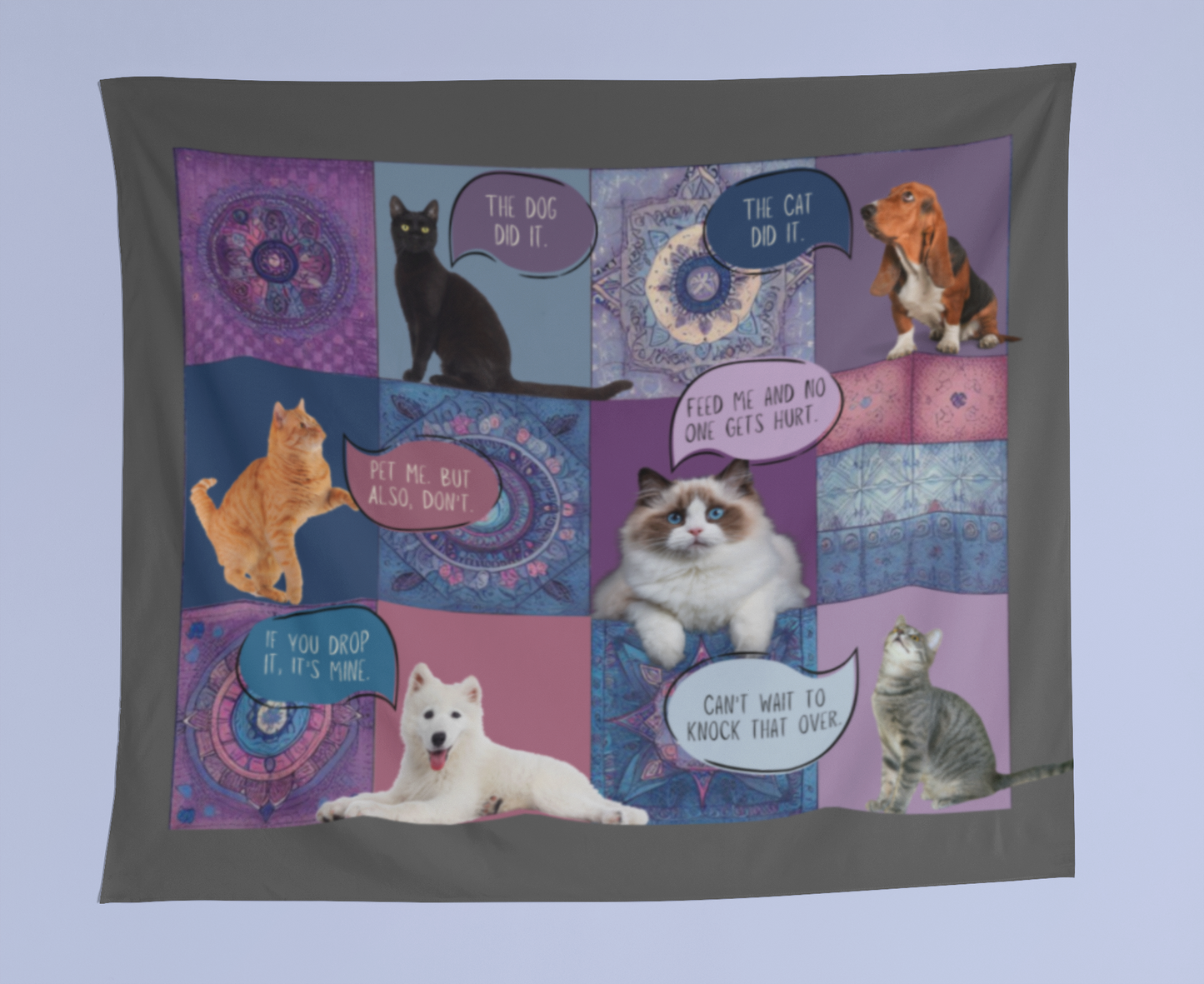 Personalized Pet Tapestry - Custom Patchwork Style Design with Your Pet (or Pets!) and Their Quirky Quotes - Hang, Frame, or Drape