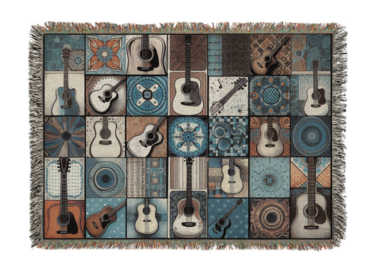 Woven Tapestry Blanket - Acoustic Guitars & Boho/Retro Patterns in Orange, Brown, and Blue, Living Room Bedroom Decor