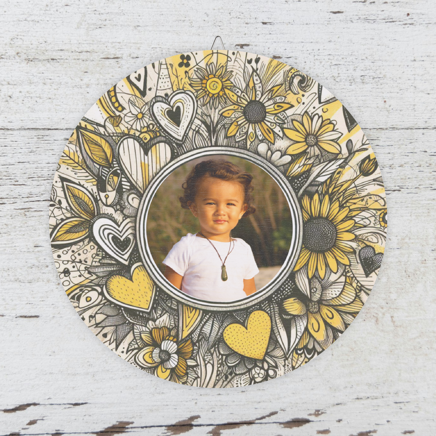 Whimsical Custom Photo Wooden Wall Sign - Sketch-Style Flowers & Hearts Design, Yellow