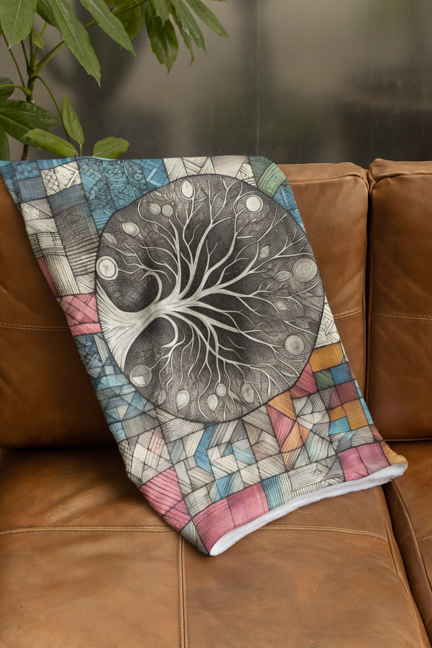 Vibrant Tree of Life Velveteen Plush Blanket - Whimsical Patchwork Design for Cozy, Eclectic Decor