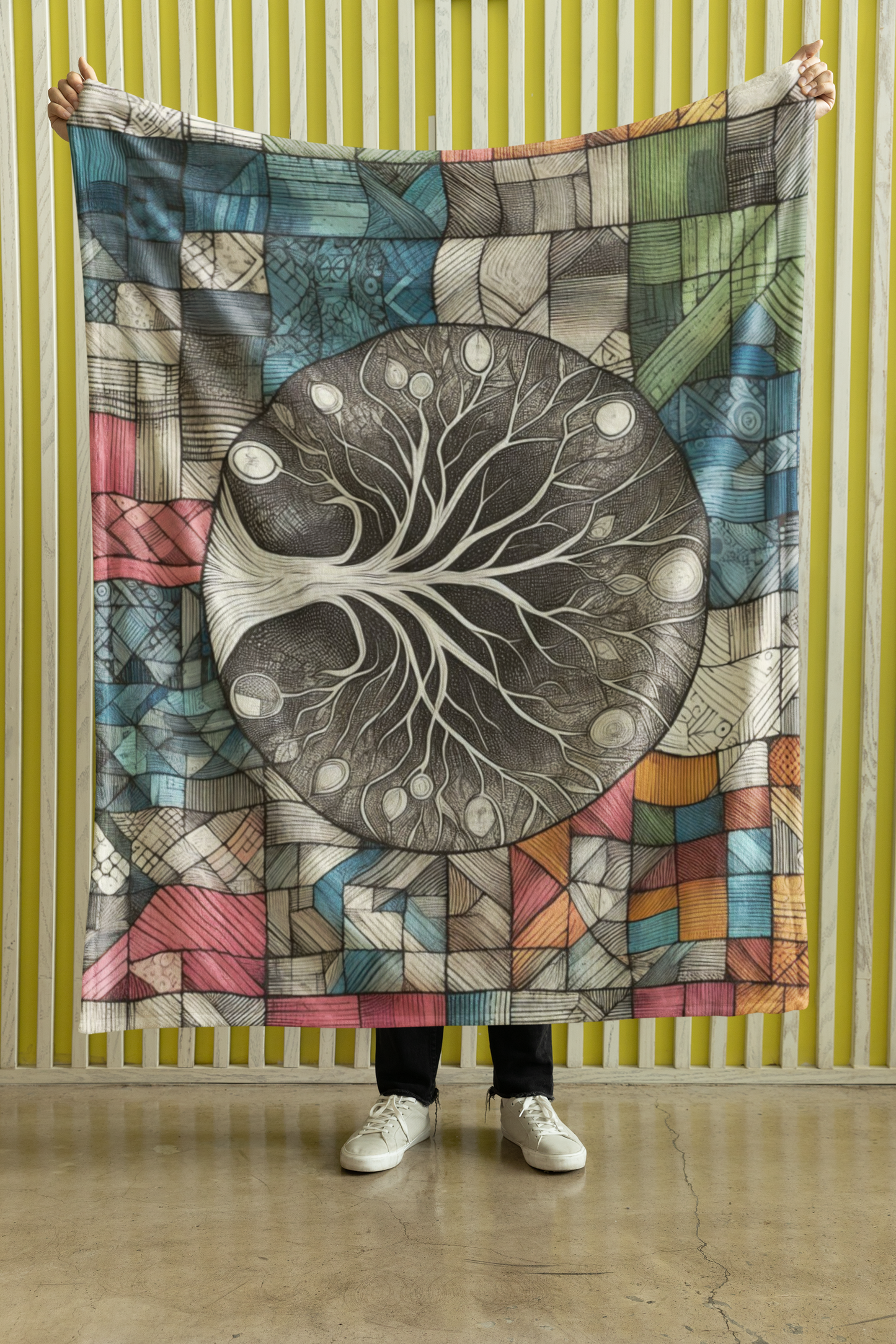 Vibrant Tree of Life Velveteen Plush Blanket - Whimsical Patchwork Design for Cozy, Eclectic Decor