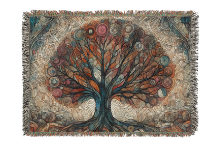 Tree of Life Woven Blanket - Enchanting Patchwork Style Throw, Bedding, Wall Tapestry - Unique Gift, 100% Cotton Yarn with Fringed Edges