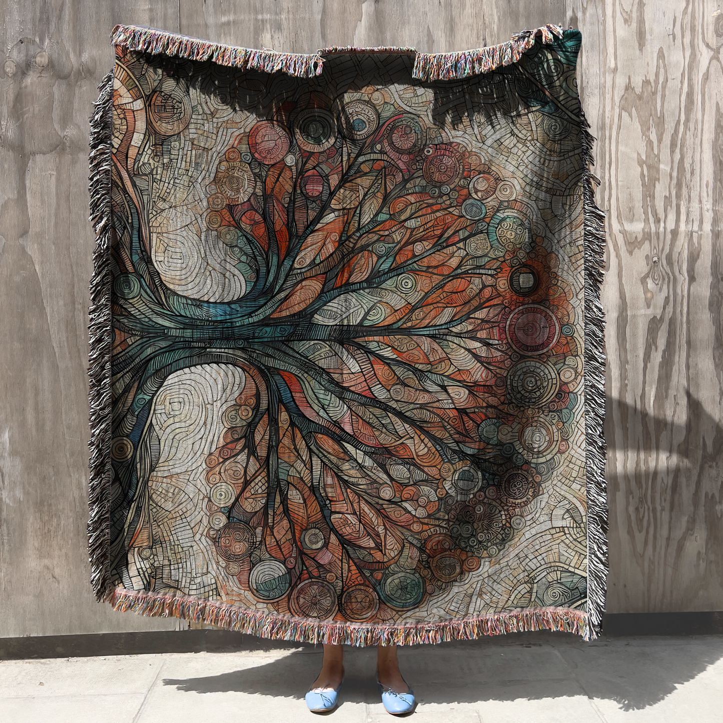 Tree of Life Woven Blanket - Enchanting Patchwork Style Throw, Bedding, Wall Tapestry - Unique Gift, 100% Cotton Yarn with Fringed Edges