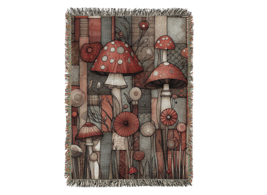 Woven Blanket - Whimsical Patchwork with Red Fairy Mushrooms