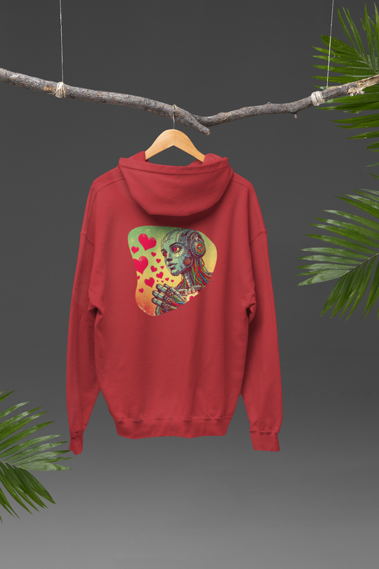 Colorful Whimsical Robot Hearts Hoodie, Retro-Futuristic 80s Print, Unisex Sweatshirt, Fun Thought-Provoking Design, Unique Gift Idea