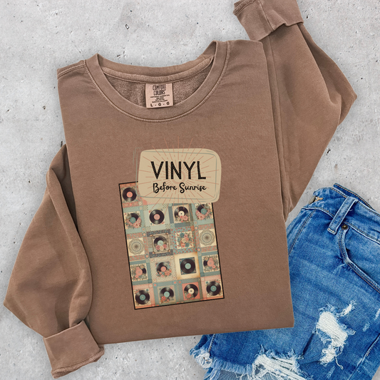 Record Lovers Sweatshirt with Patchwork-Style Pattern - "Vinyl Before Sunshine" Design with Vintage Roses