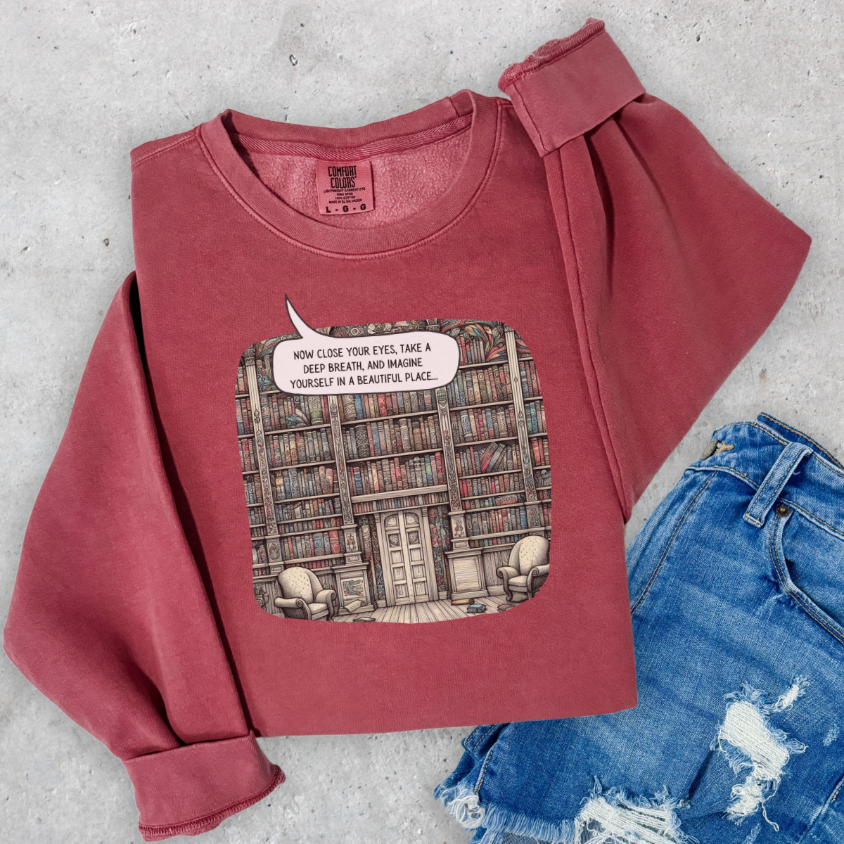 Book Lover's Magical Library Sweatshirt, Illustrating a Ceiling-to-Floor Literary Oasis on a Whimsical Print - Lightweight Attire for Fall and Winter