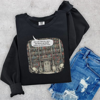 Book Lover's Magical Library Sweatshirt, Illustrating a Ceiling-to-Floor Literary Oasis on a Whimsical Print - Lightweight Attire for Fall and Winter