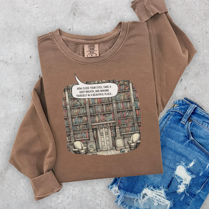 Book Lover's Magical Library Sweatshirt, Illustrating a Ceiling-to-Floor Literary Oasis on a Whimsical Print - Lightweight Attire for Fall and Winter