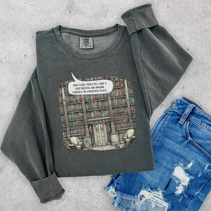 Book Lover's Magical Library Sweatshirt, Illustrating a Ceiling-to-Floor Literary Oasis on a Whimsical Print - Lightweight Attire for Fall and Winter