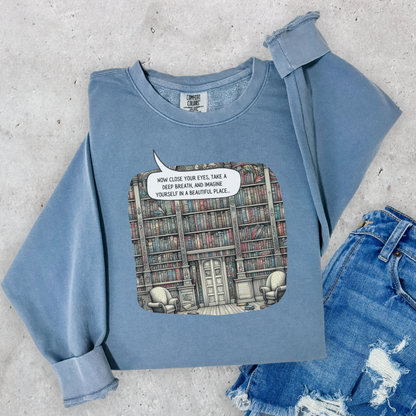 Book Lover's Magical Library Sweatshirt, Illustrating a Ceiling-to-Floor Literary Oasis on a Whimsical Print - Lightweight Attire for Fall and Winter