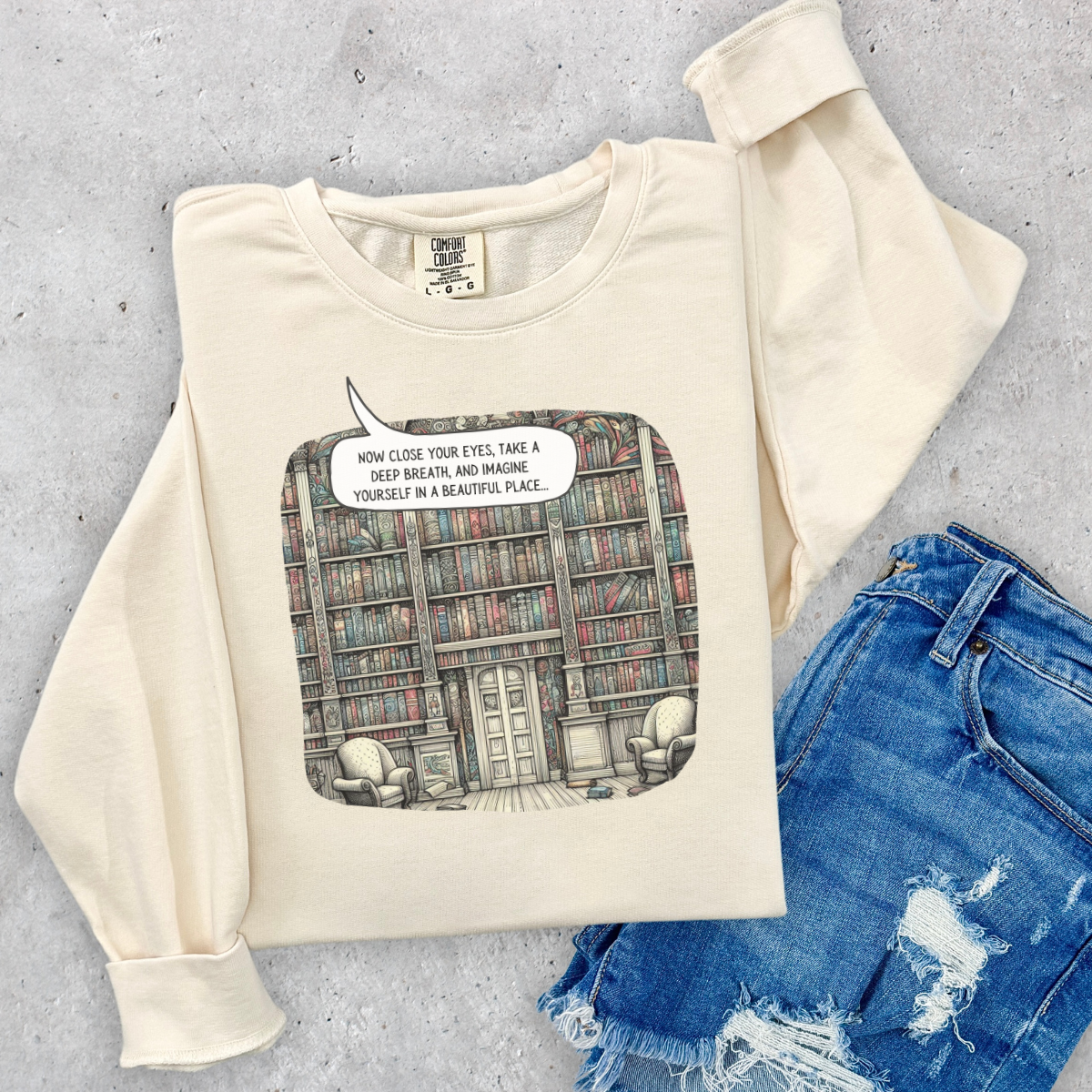 Book Lover's Magical Library Sweatshirt, Illustrating a Ceiling-to-Floor Literary Oasis on a Whimsical Print - Lightweight Attire for Fall and Winter