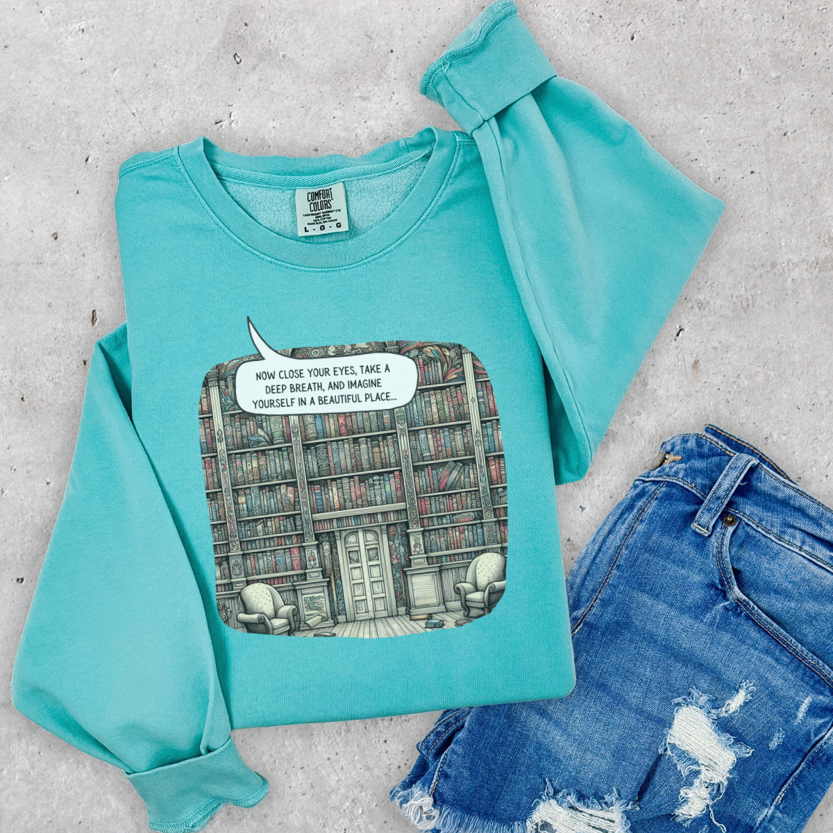 Book Lover's Magical Library Sweatshirt, Illustrating a Ceiling-to-Floor Literary Oasis on a Whimsical Print - Lightweight Attire for Fall and Winter