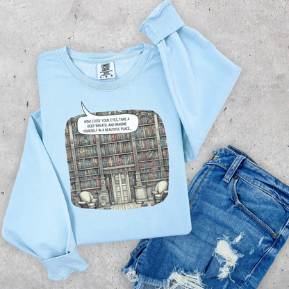 Book Lover's Magical Library Sweatshirt, Illustrating a Ceiling-to-Floor Literary Oasis on a Whimsical Print - Lightweight Attire for Fall and Winter