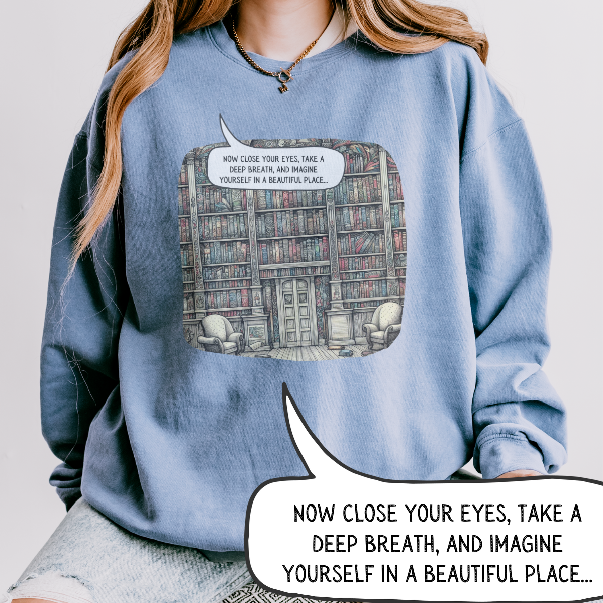 Book Lover's Magical Library Sweatshirt, Illustrating a Ceiling-to-Floor Literary Oasis on a Whimsical Print - Lightweight Attire for Fall and Winter