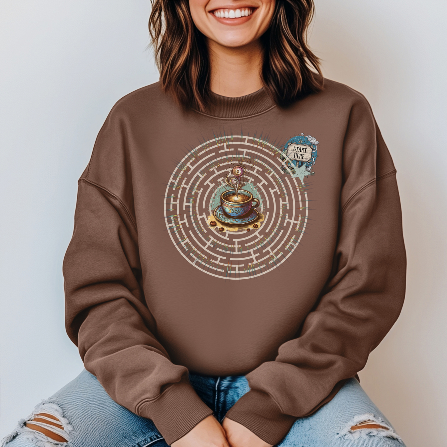 Coffee Quest Maze Sweatshirt - Whimsical Path to Your Daily Brew