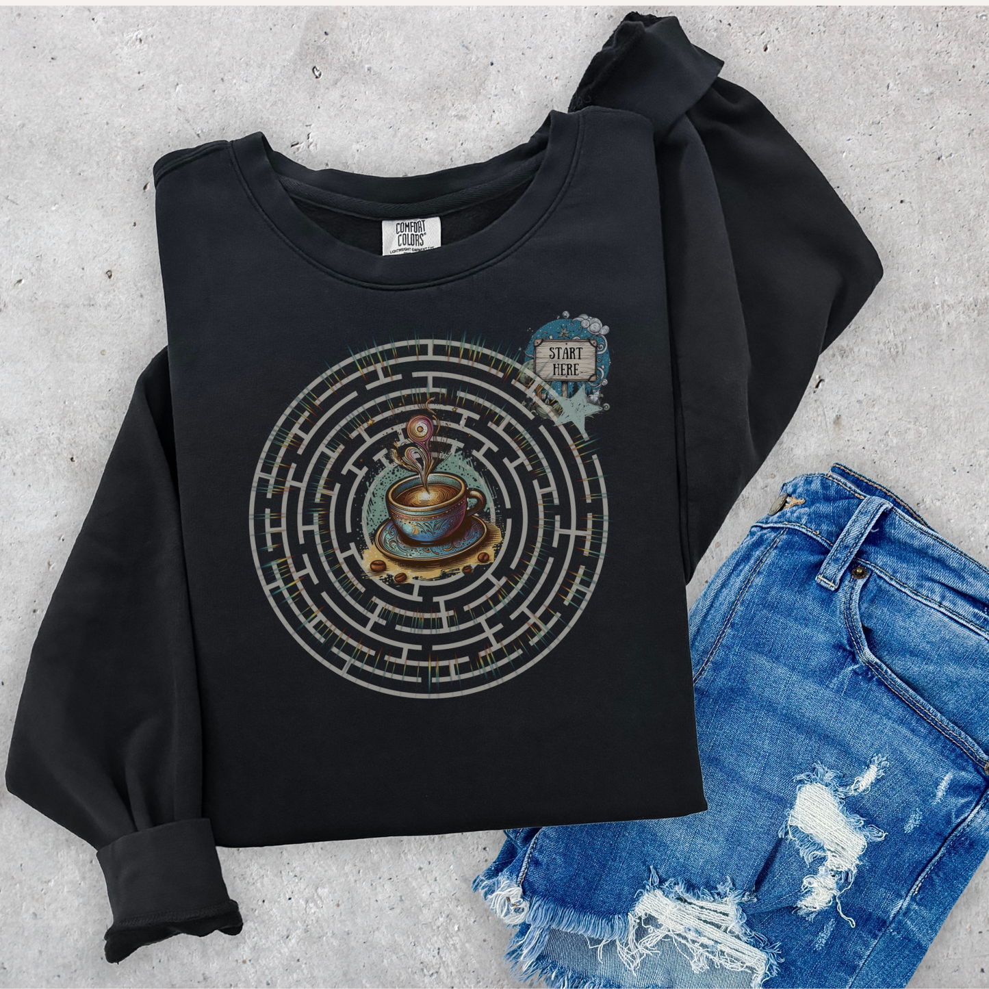 Coffee Quest Maze Sweatshirt - Whimsical Path to Your Daily Brew