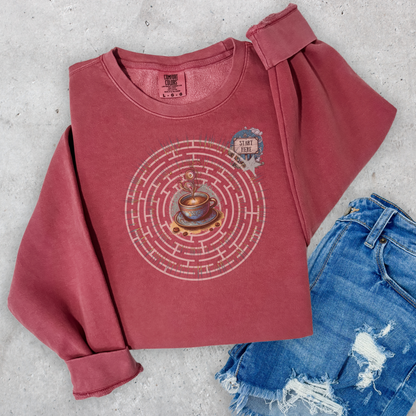 Coffee Quest Maze Sweatshirt - Whimsical Path to Your Daily Brew