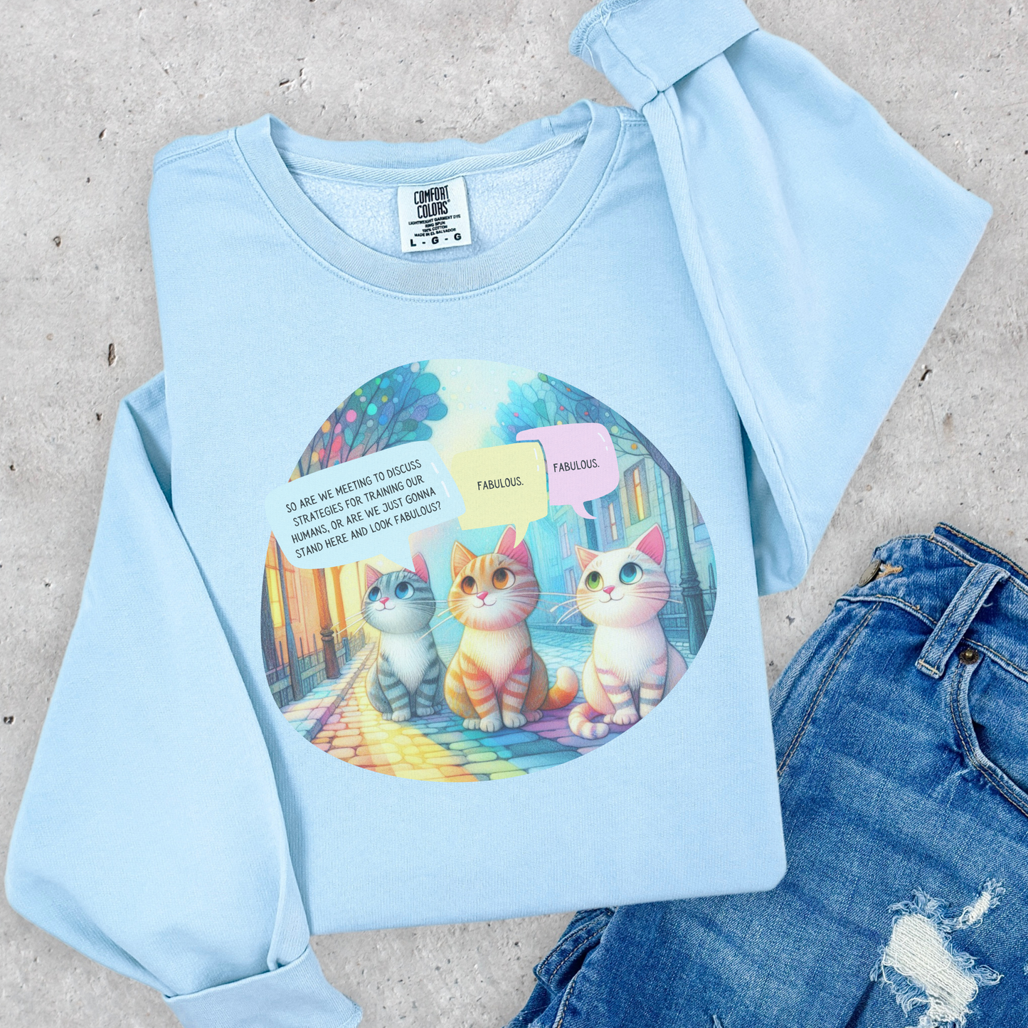 Fabulous Cat Meeting Sweatshirt - Whimsical Rainbow Cat Cartoon in Bright Colors | Cute & Cozy Gift for Cat Lovers