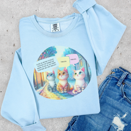 Fabulous Cat Meeting Sweatshirt - Whimsical Rainbow Cat Cartoon in Bright Colors | Cute & Cozy Gift for Cat Lovers