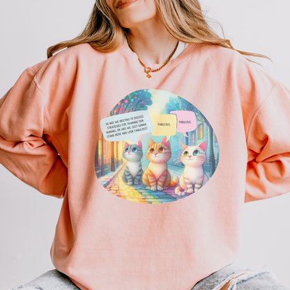 Fabulous Cat Meeting Sweatshirt - Whimsical Rainbow Cat Cartoon in Bright Colors | Cute & Cozy Gift for Cat Lovers