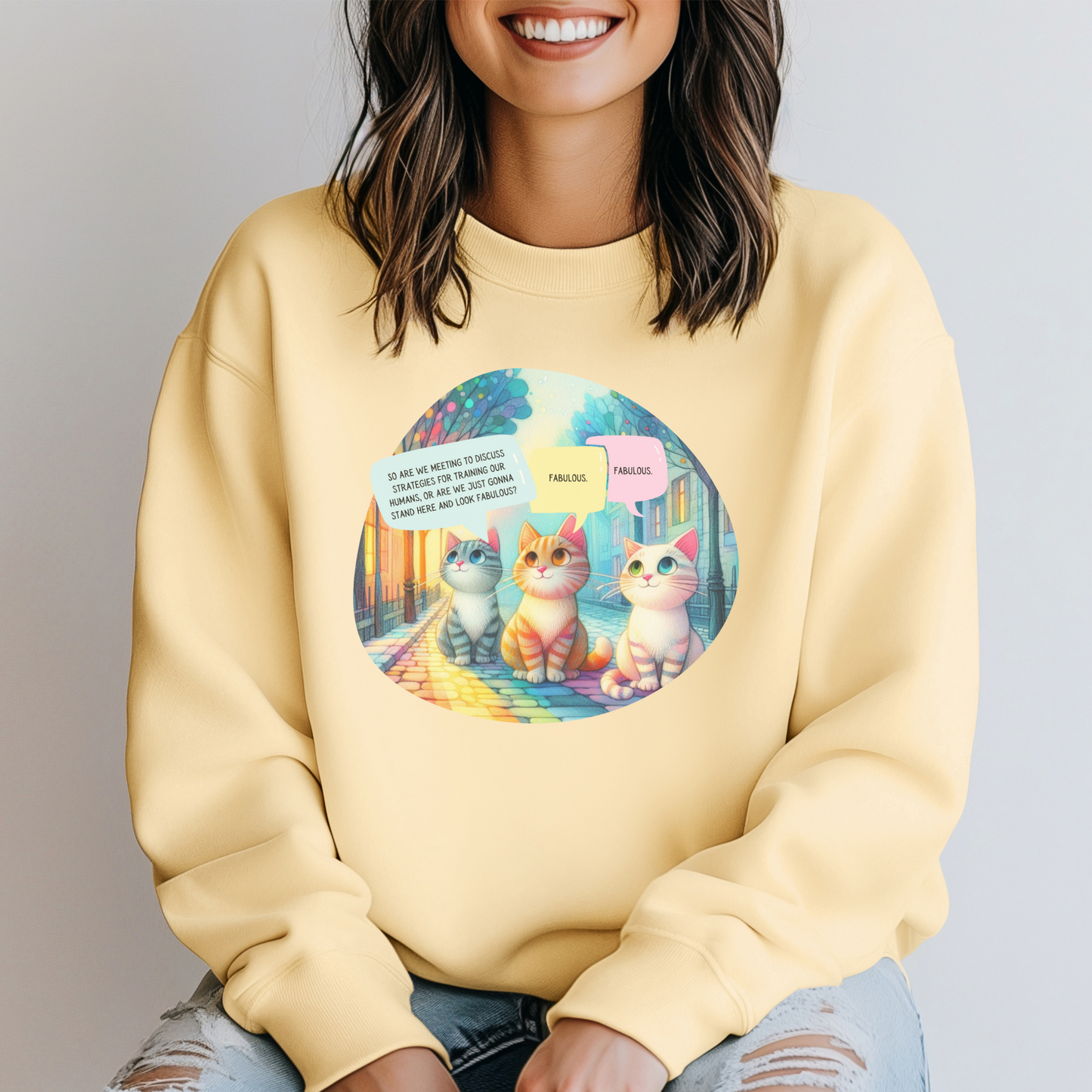 Fabulous Cat Meeting Sweatshirt - Whimsical Rainbow Cat Cartoon in Bright Colors | Cute & Cozy Gift for Cat Lovers