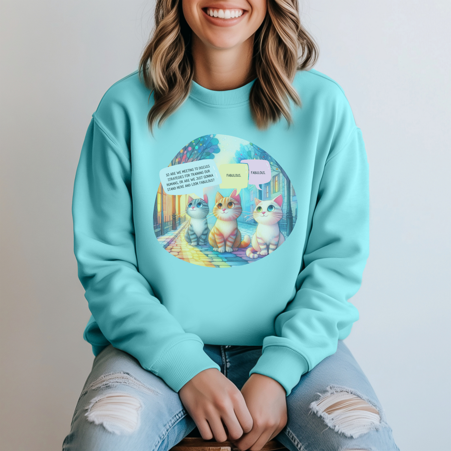 Fabulous Cat Meeting Sweatshirt - Whimsical Rainbow Cat Cartoon in Bright Colors | Cute & Cozy Gift for Cat Lovers