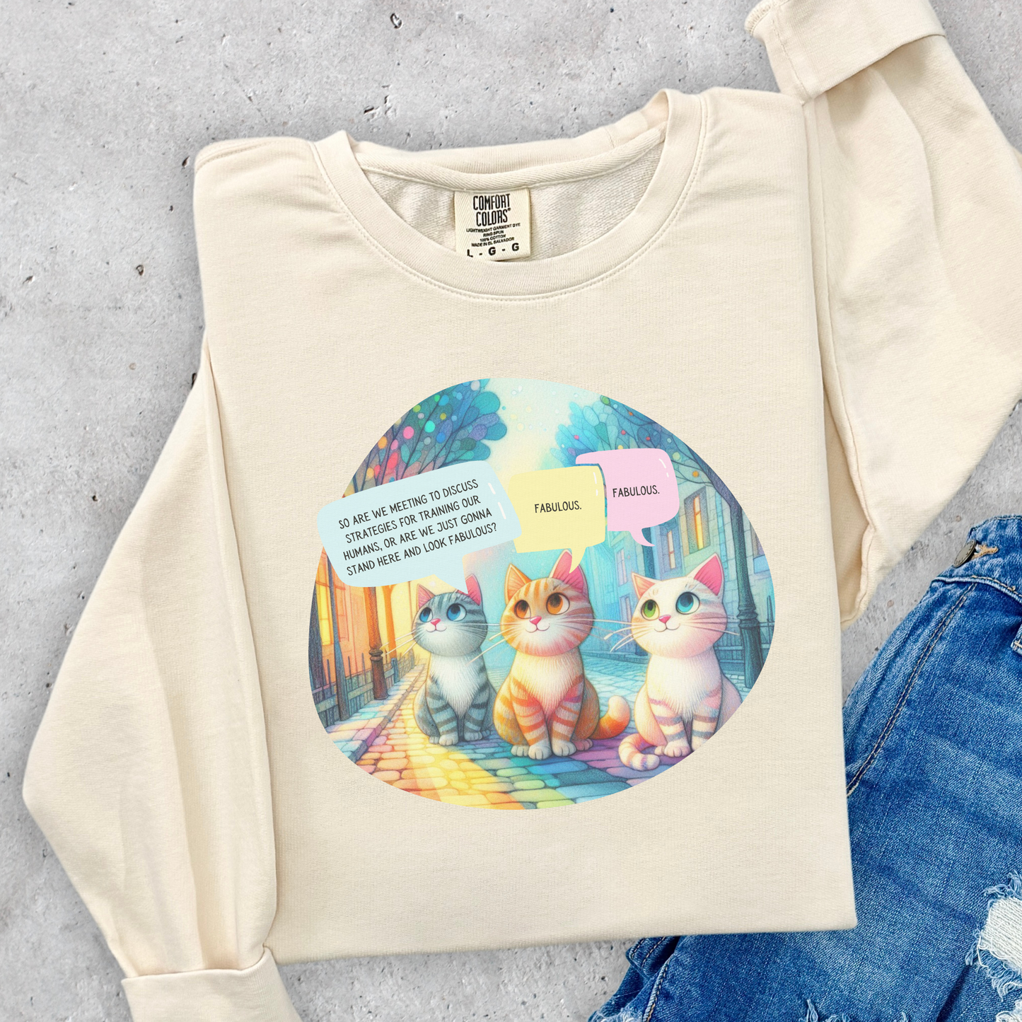 Fabulous Cat Meeting Sweatshirt - Whimsical Rainbow Cat Cartoon in Bright Colors | Cute & Cozy Gift for Cat Lovers