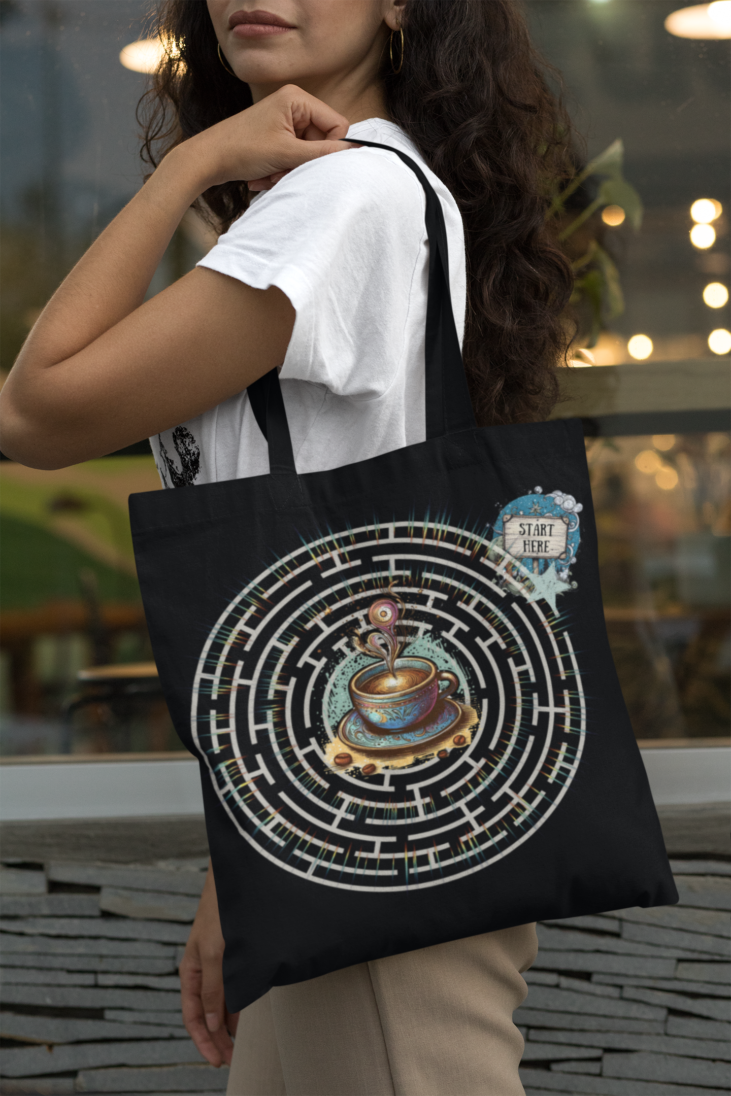 Coffee Lovers Maze Tote Bag, Fun Labyrinth Design, Gift Idea, Roomy and Versatile Bag, Twist and Turns, Coffee Theme, Whimsical Bag