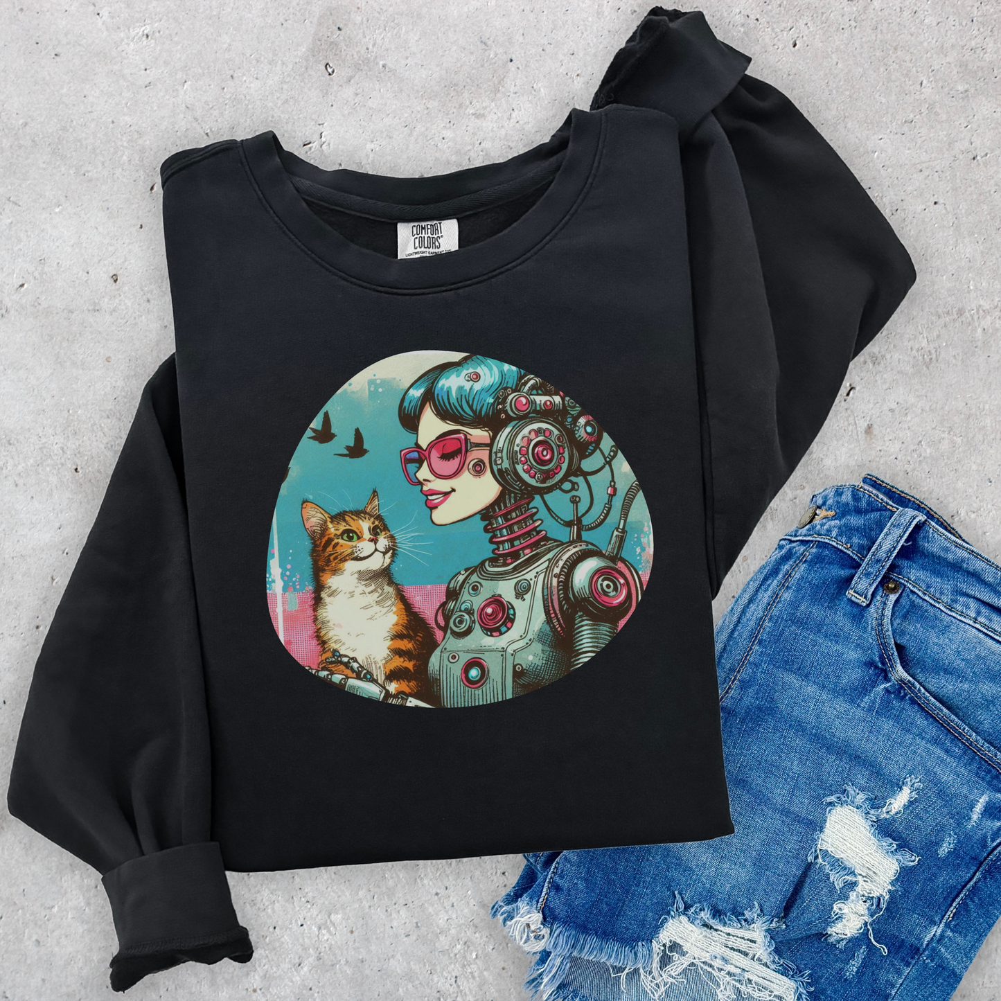 Retro-Futuristic Robot & Cat Sweatshirt - Nostalgic Sci-Fi Style for Cat Lovers & Quirky Fashion Fans