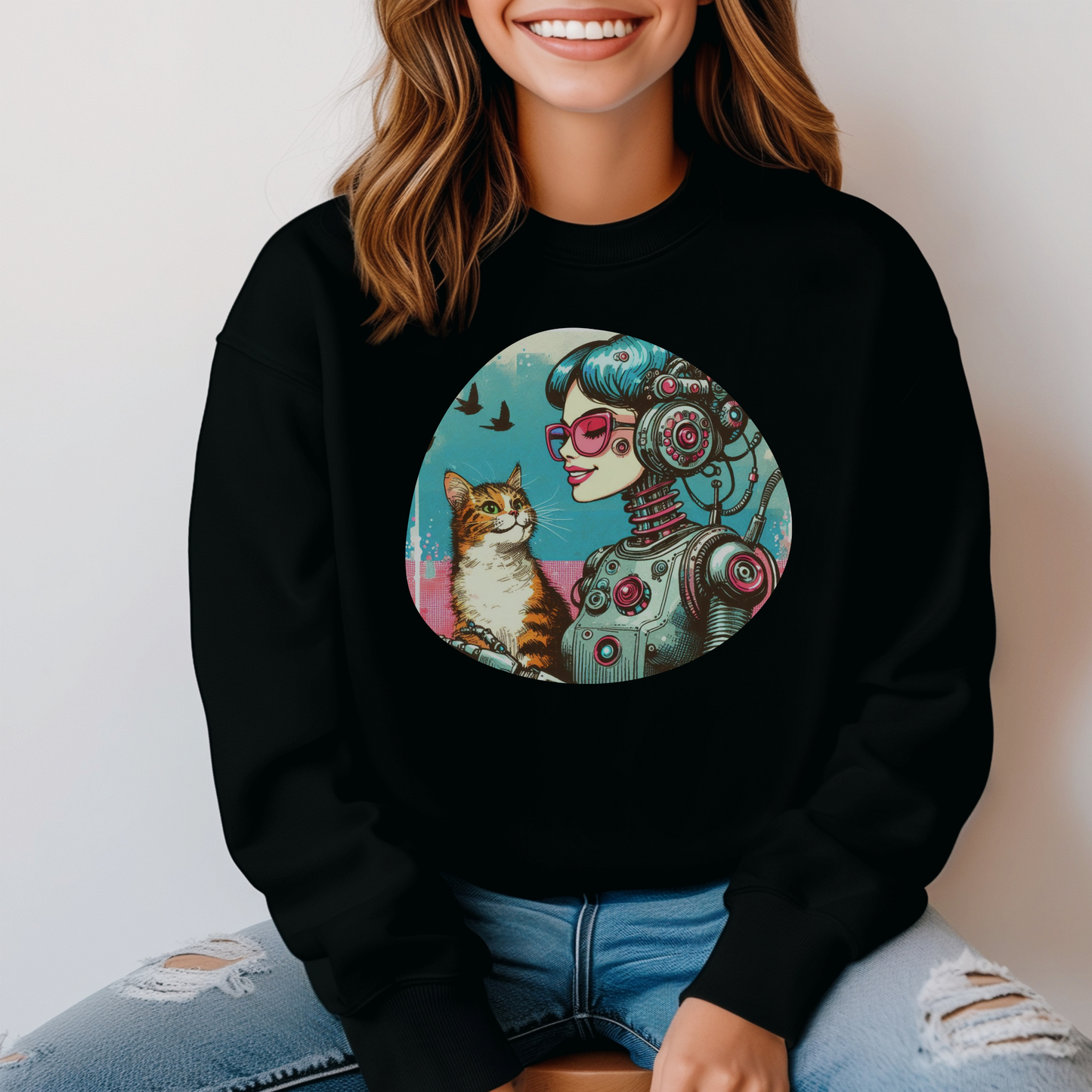 Retro-Futuristic Robot & Cat Sweatshirt - Nostalgic Sci-Fi Style for Cat Lovers & Quirky Fashion Fans