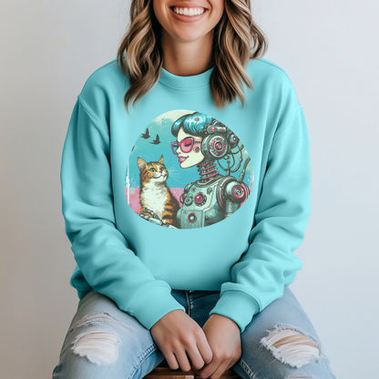 Retro-Futuristic Robot & Cat Sweatshirt - Nostalgic Sci-Fi Style for Cat Lovers & Quirky Fashion Fans