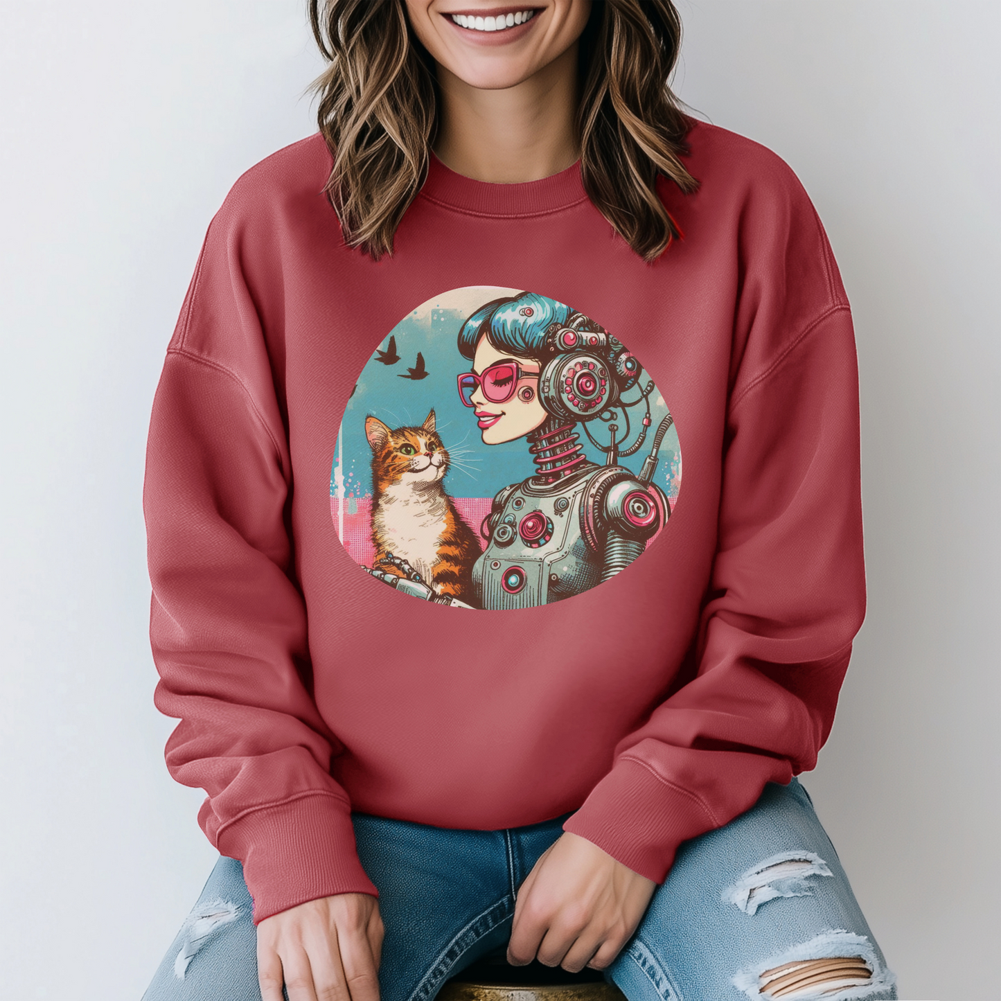 Retro-Futuristic Robot & Cat Sweatshirt - Nostalgic Sci-Fi Style for Cat Lovers & Quirky Fashion Fans