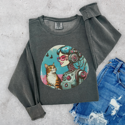 Retro-Futuristic Robot & Cat Sweatshirt - Nostalgic Sci-Fi Style for Cat Lovers & Quirky Fashion Fans