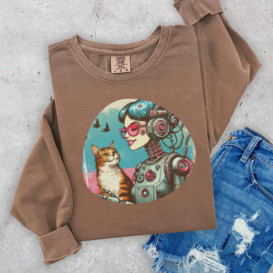 Retro-Futuristic Robot & Cat Sweatshirt - Nostalgic Sci-Fi Style for Cat Lovers & Quirky Fashion Fans