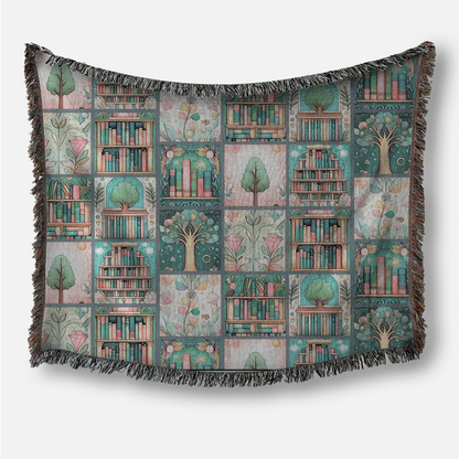 Literary Haven Woven Blanket - Patchwork Books & Trees in Deep Teal