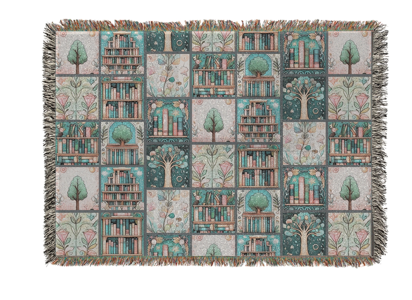 Literary Haven Woven Blanket - Patchwork Books & Trees in Deep Teal