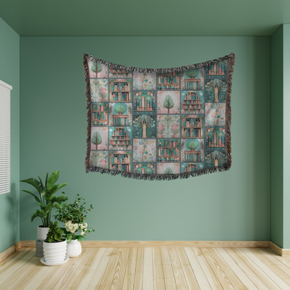 Literary Haven Woven Blanket - Patchwork Books & Trees in Deep Teal