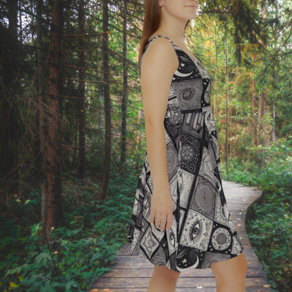 Esoterica Patchwork Dress - Black & White Mystical Pattern with Celestial, Books, and Eye Imagery