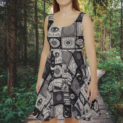 Esoterica Patchwork Dress - Black & White Mystical Pattern with Celestial, Books, and Eye Imagery