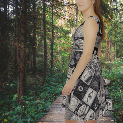 Esoterica Patchwork Dress - Black & White Mystical Pattern with Celestial, Books, and Eye Imagery