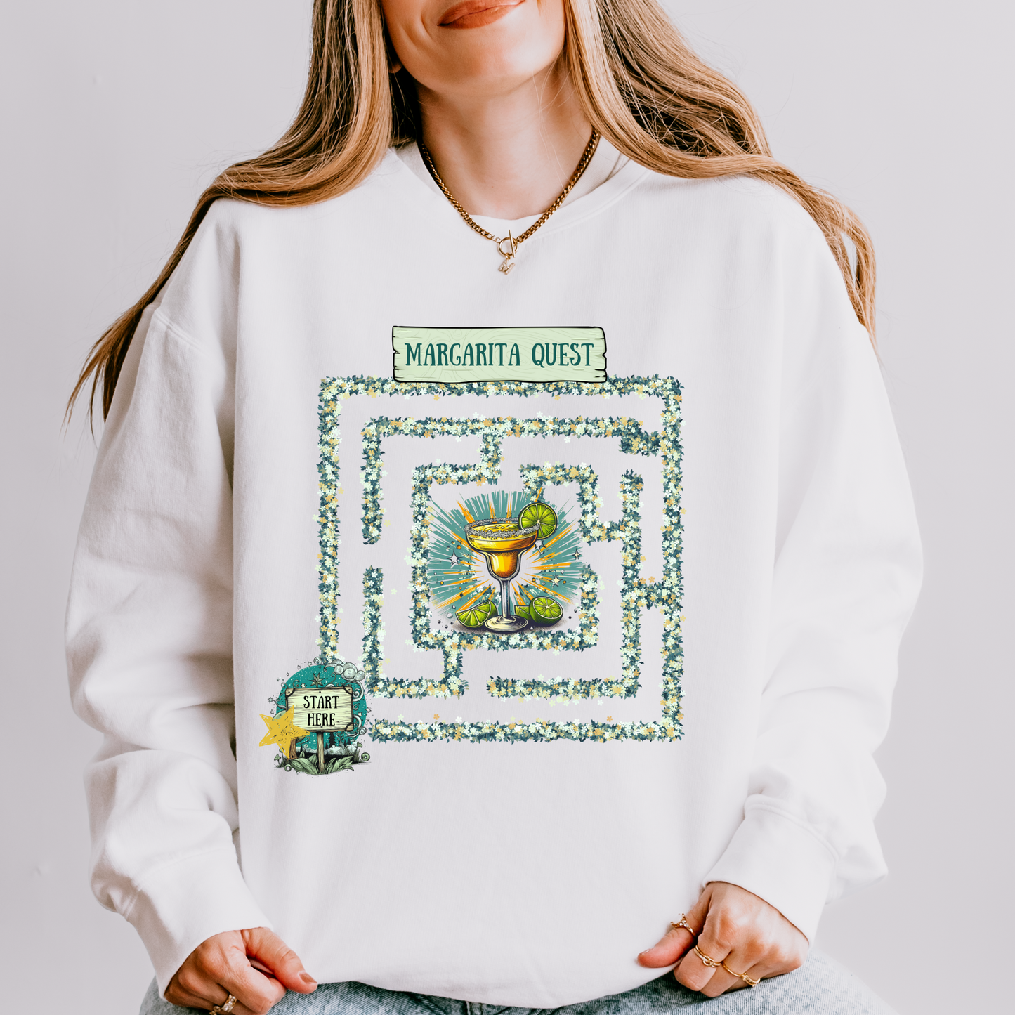 Margarita Quest Sweatshirt - Fun Floral Maze Design with Margarita Reward | Cozy Gift for Margarita Lovers, Comfort Colors Sweatshirt