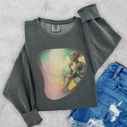 Retro-Futuristic Robot Sweatshirt - Colorful Lightweight Sci-Fi Pullover with Binary Code Design, Comfort Colors Top