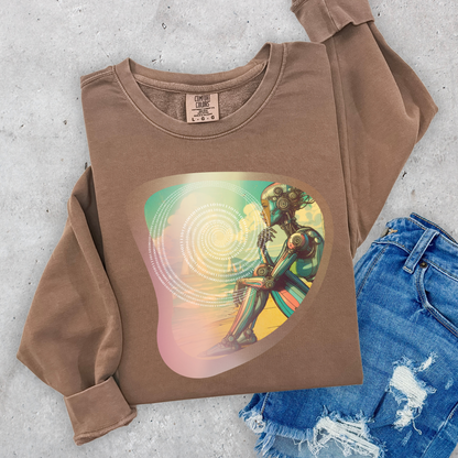 Retro-Futuristic Robot Sweatshirt - Colorful Lightweight Sci-Fi Pullover with Binary Code Design, Comfort Colors Top