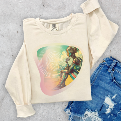 Retro-Futuristic Robot Sweatshirt - Colorful Lightweight Sci-Fi Pullover with Binary Code Design, Comfort Colors Top